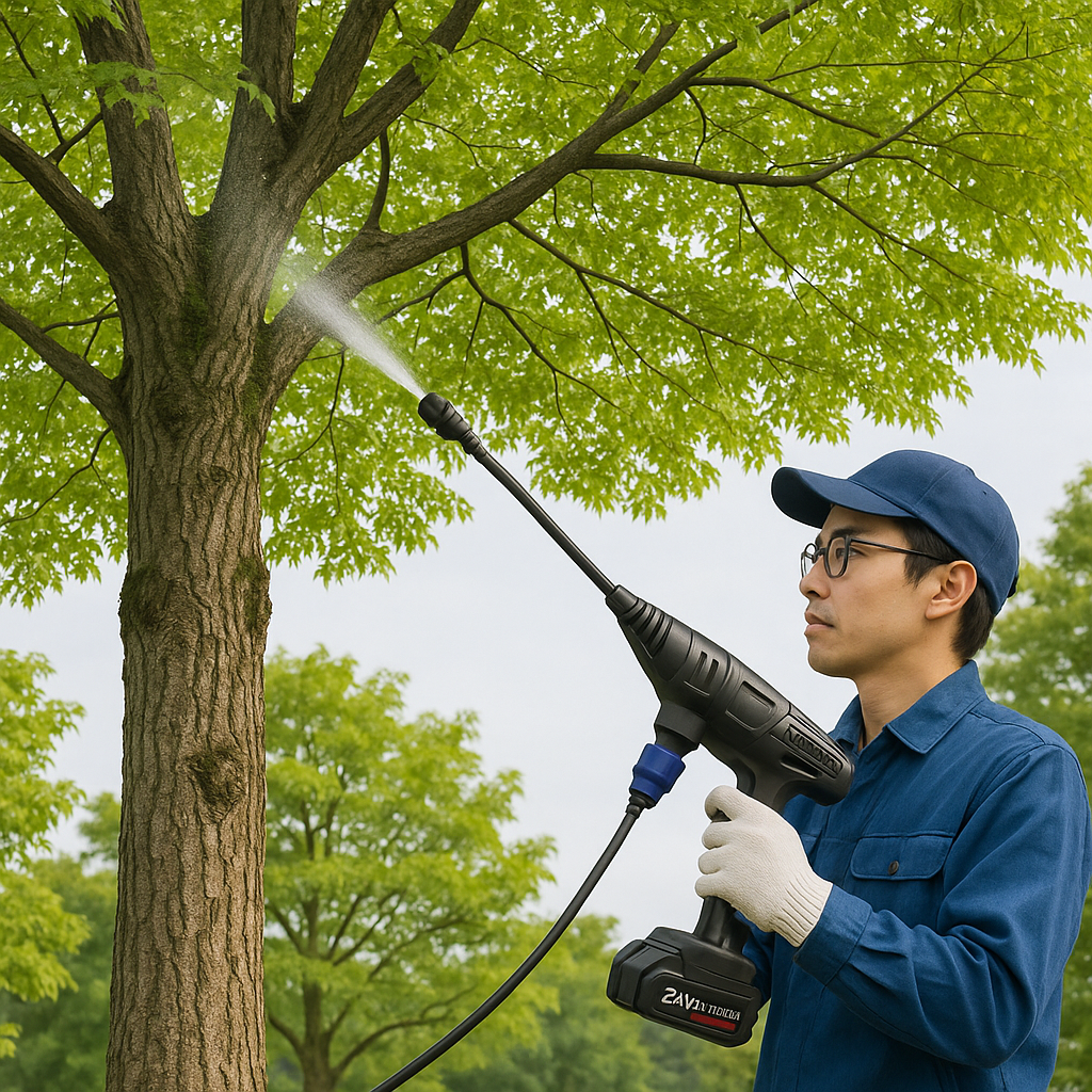 スプレーを使った施工イメージ（ムクドリ対策）